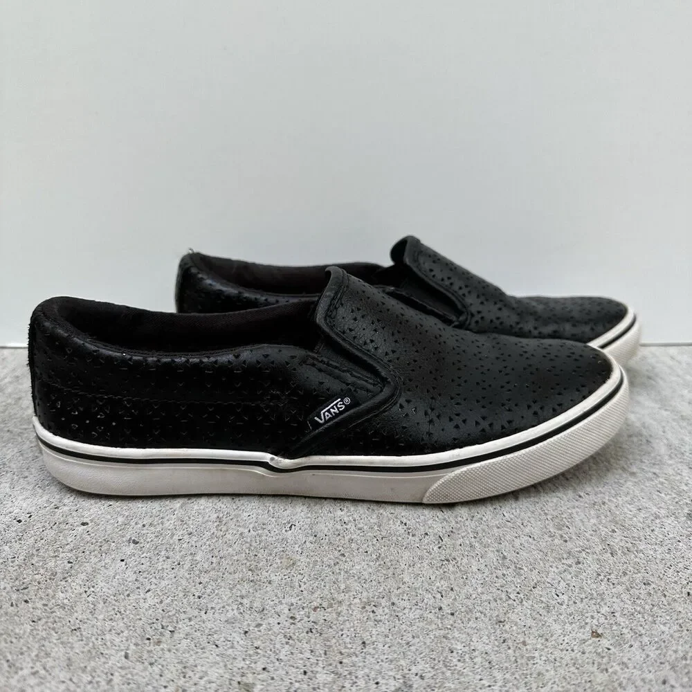 Vans Asher Slip On Shoes Womens 7 Black Perforated Leather Sneaker 721356 Skater